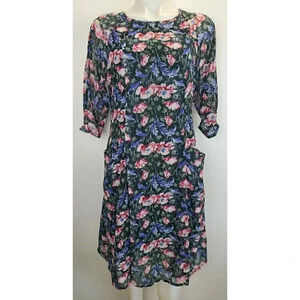 ZAPA Basic Green Blue Floral Print Chiffon Dress Cottagecore Medium